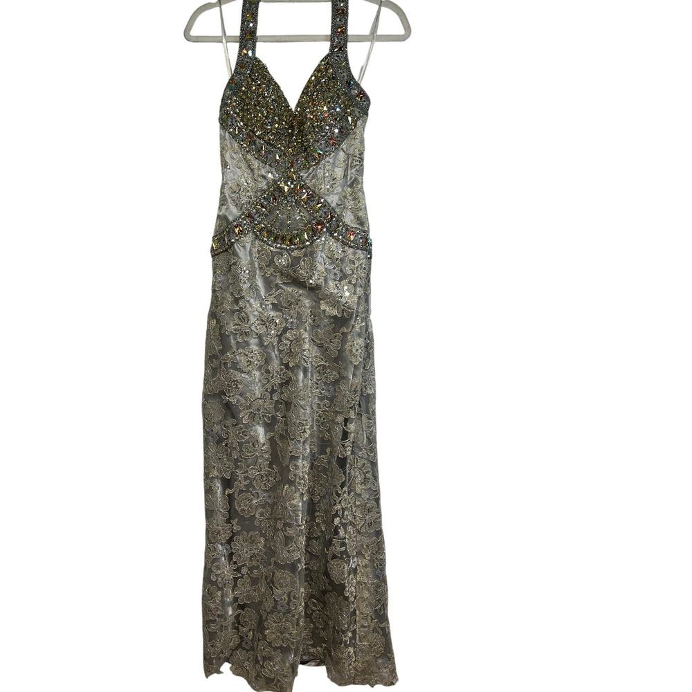 Silver‎ Beaded Sequins Gown Women 4 Halter Lace Corset Back Prom Pageant Dress